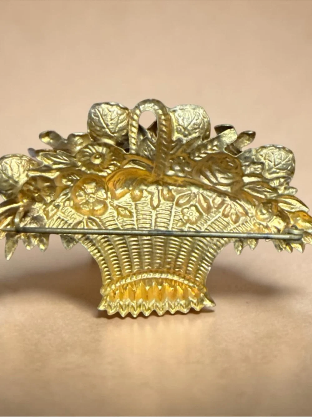 Vintage Gold Tone Flower Basket Brooch Multicolor Rhinestones Boho